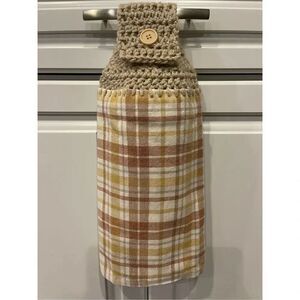Crochet Top Kitchen Towel- Brown Plaid Neutrals